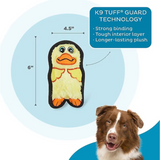 Dog toy with duck design and measurements, featuring K9 TUFF GUARD TECHNOLOGY text.