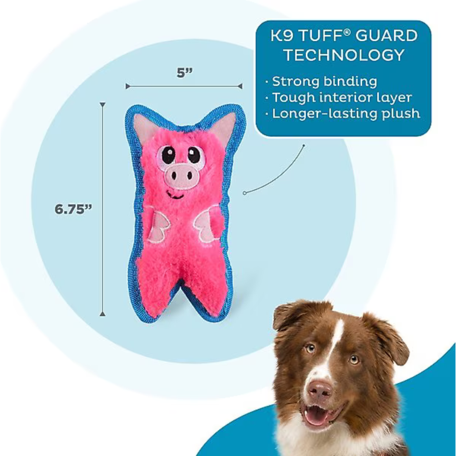 Pink dog toy shaped like a tooth with measurements and K9 TUFF GUARD TECHNOLOGY text, displayed with a dog on a blue background.