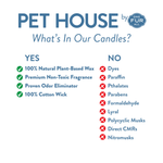 List of features and ingredients for Pet House candles on a white background