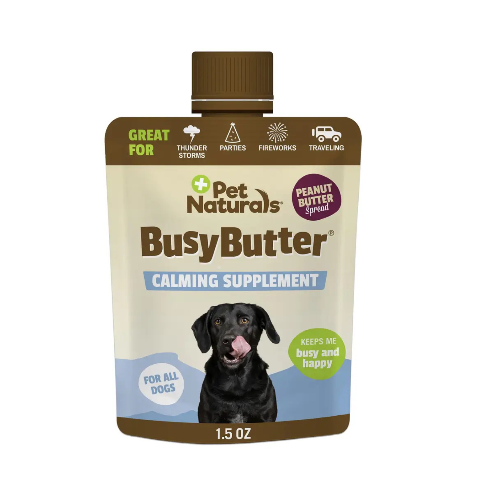 Pet Naturals Busy Butter calming supplement packaging for dogs on a white background