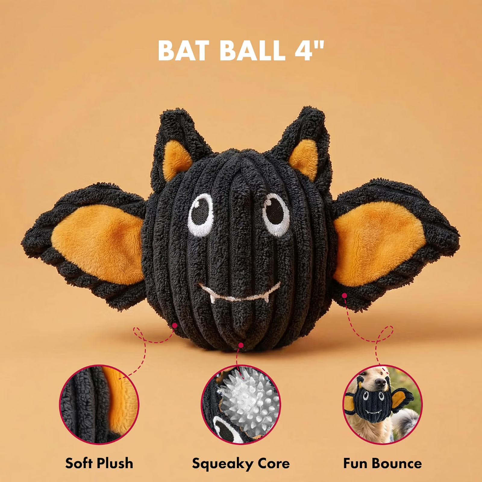A black bat-shaped dog toy with orange inner ears and a squeaky core, shown on a warm beige background with text reading 'BAT BALL 4"' and three circular feature callouts below.