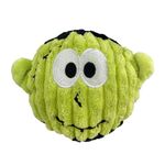 A green plush monster dog toy with large embroidered eyes, black stitched details, and small side bumps, shown on a plain white background.