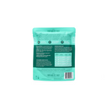 Teal pet food package with text and a barcode on a white background