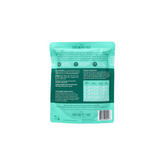 Teal pet food package with text and a barcode on a white background