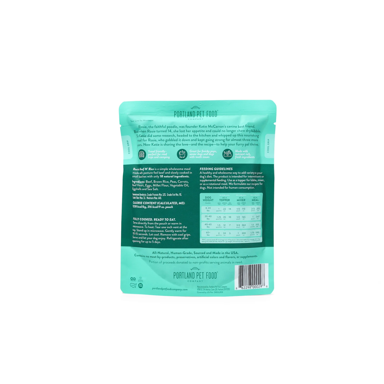 Teal pet food package with text and a barcode on a white background