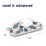 Cat toy puzzle with text 'Level 3: Advanced' and dimensions on a white background