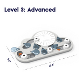 Cat toy puzzle with text 'Level 3: Advanced' and dimensions on a white background
