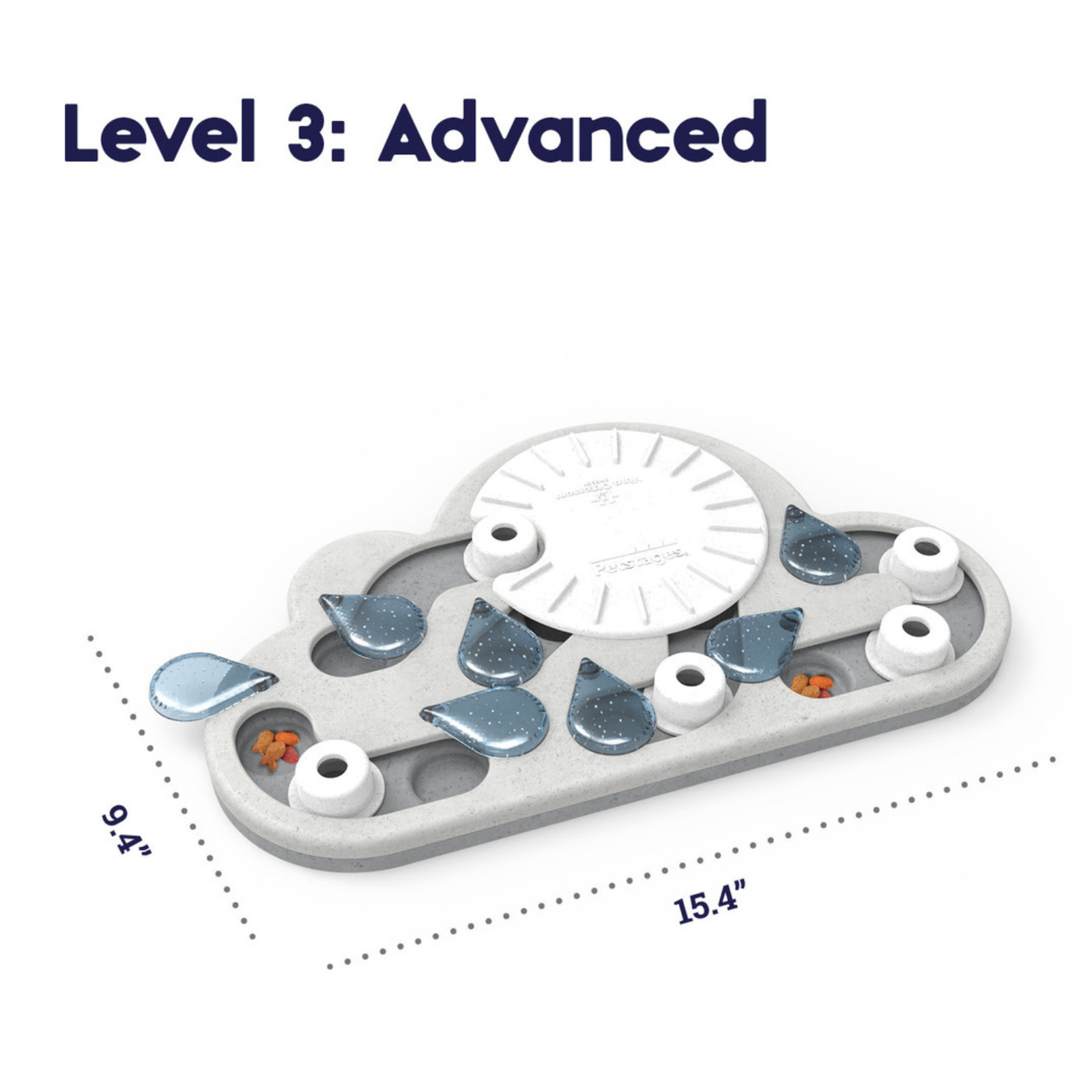 Cat toy puzzle with text 'Level 3: Advanced' and dimensions on a white background