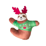 Plush toy sloth with reindeer antlers and a green sweater on a white background