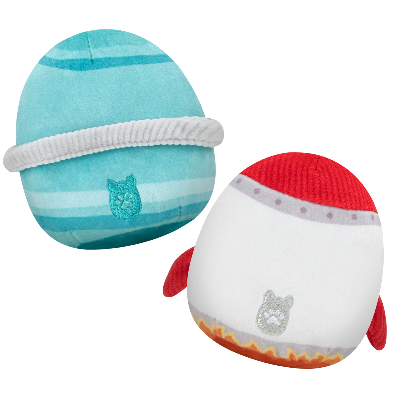 Two plush toys, one blue and white striped with a white band, and the other red and white with flames, on a white background.