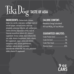 Tiki Dog Taste of Asia product label with ingredients, calorie content, guaranteed analysis, and can size.