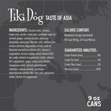 Tiki Dog Taste of Asia product label with ingredients, calorie content, guaranteed analysis, and can size.