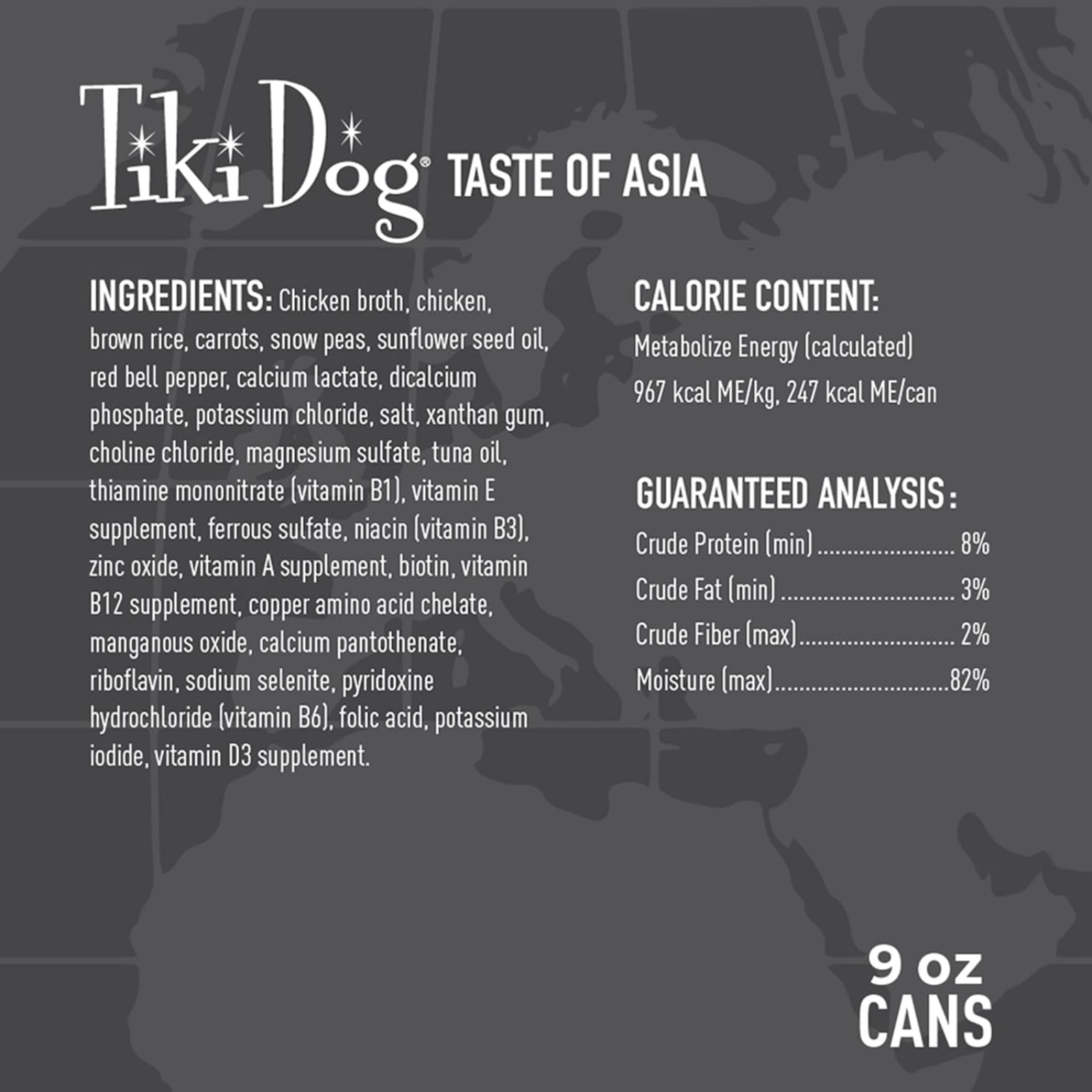 Tiki Dog Taste of Asia product label with ingredients, calorie content, guaranteed analysis, and can size.