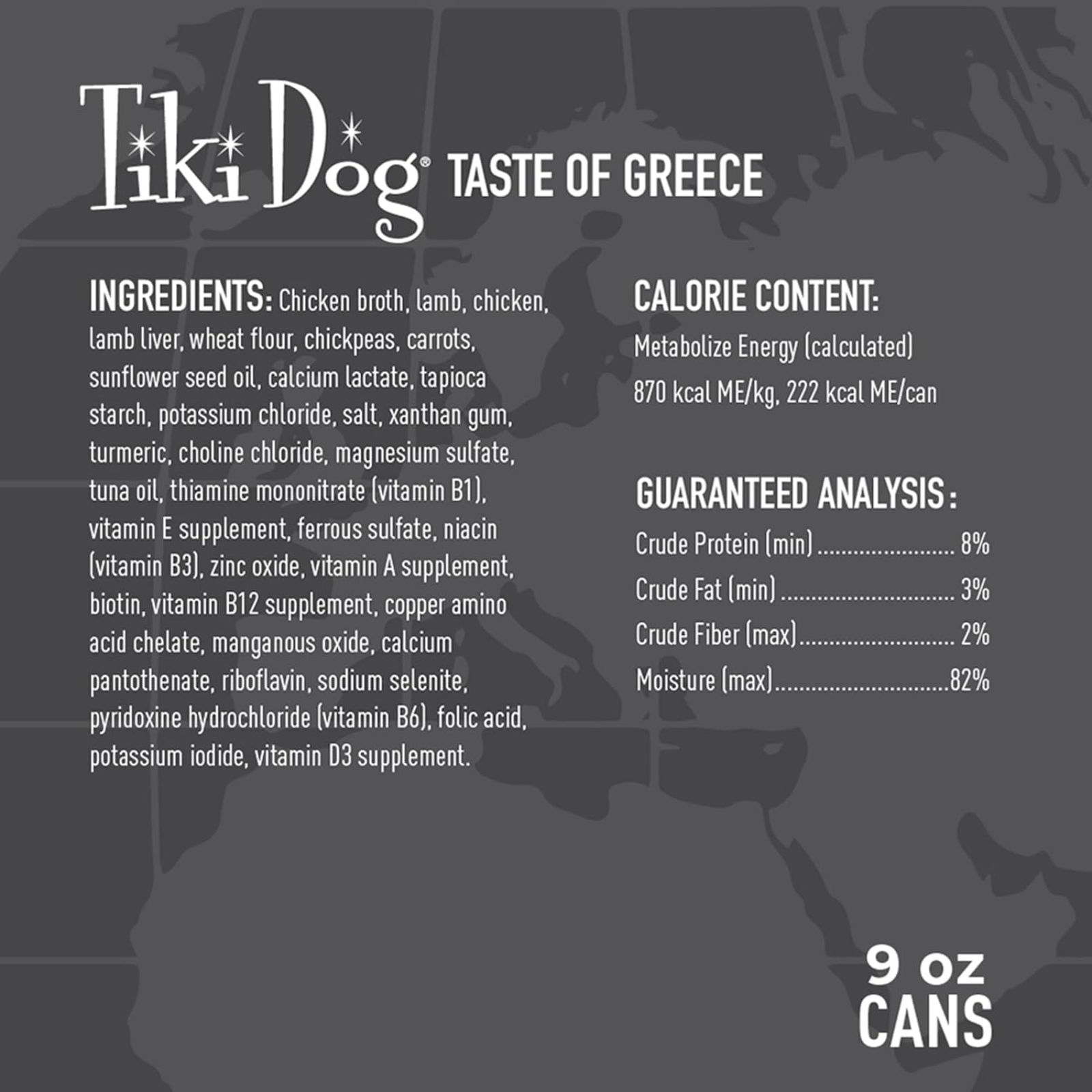 Tiki Dog Taste of Greece pet food label with ingredients, calorie content, guaranteed analysis, and can size.