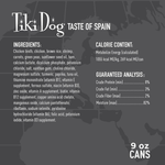 Tiki Dog Taste of Spain pet food label with ingredients, calorie content, guaranteed analysis, and can size.