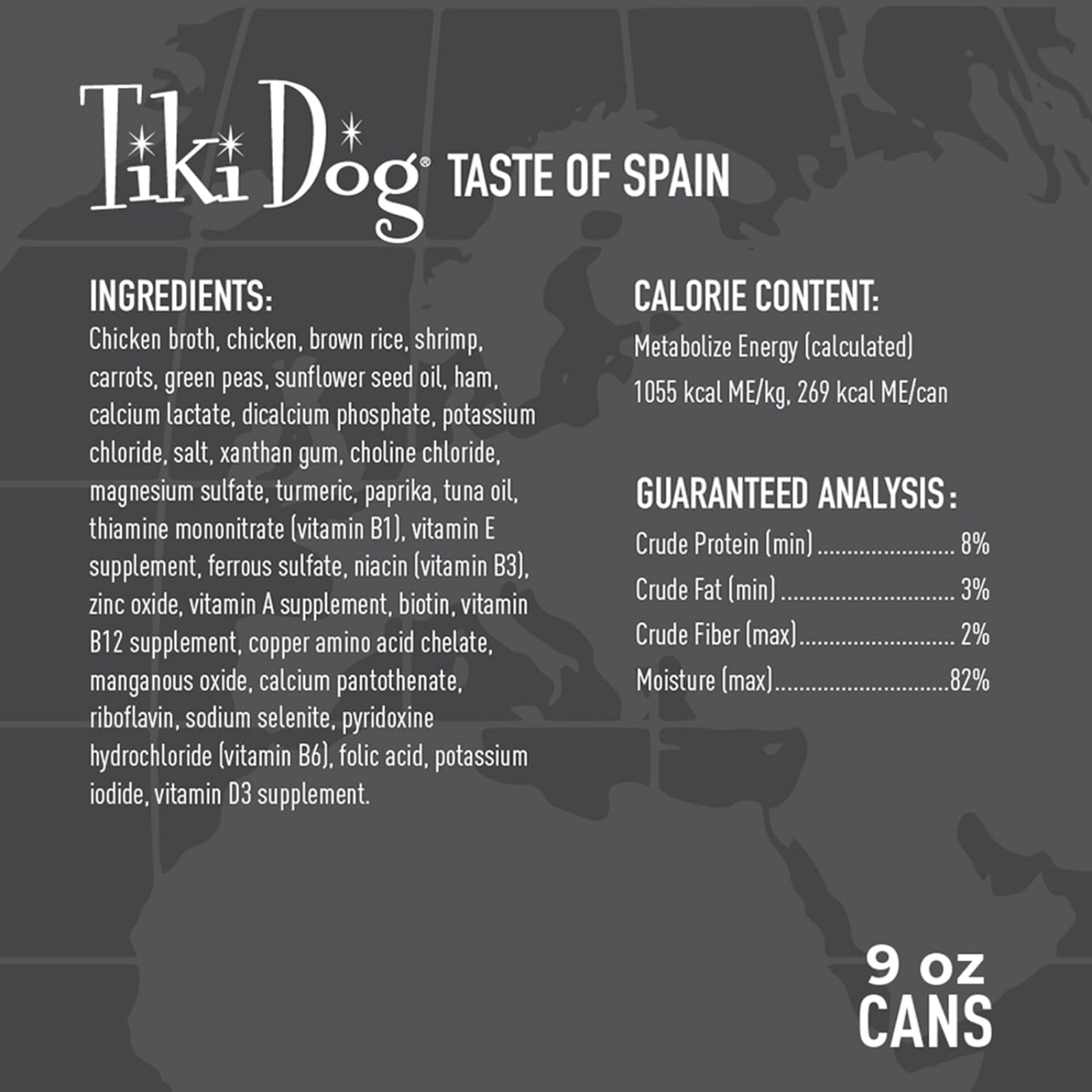 Tiki Dog Taste of Spain pet food label with ingredients, calorie content, guaranteed analysis, and can size.