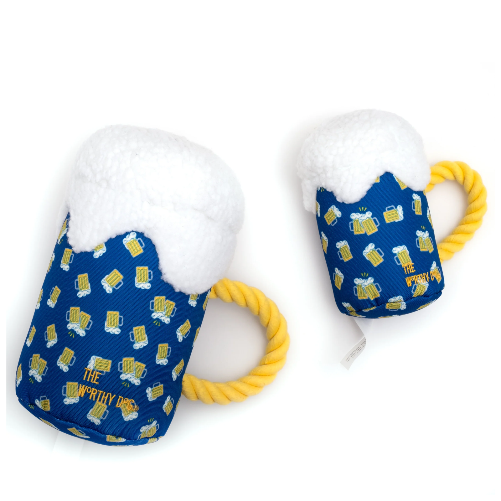 Two plush beer mug toys on a white background, one large and one small. The toys have a blue body patterned with yellow beer mugs, white faux-froth tops, and yellow rope handles.