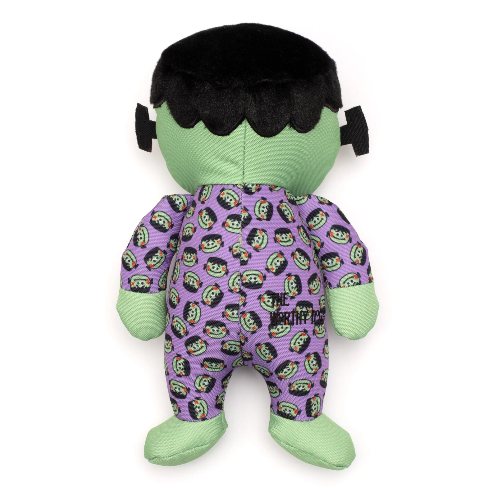 Plush toy resembling a character with green skin and purple outfit on a white background