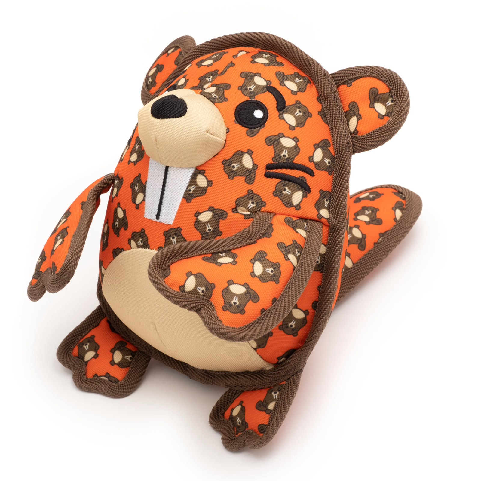 Plush toy with orange and brown pattern on a white background