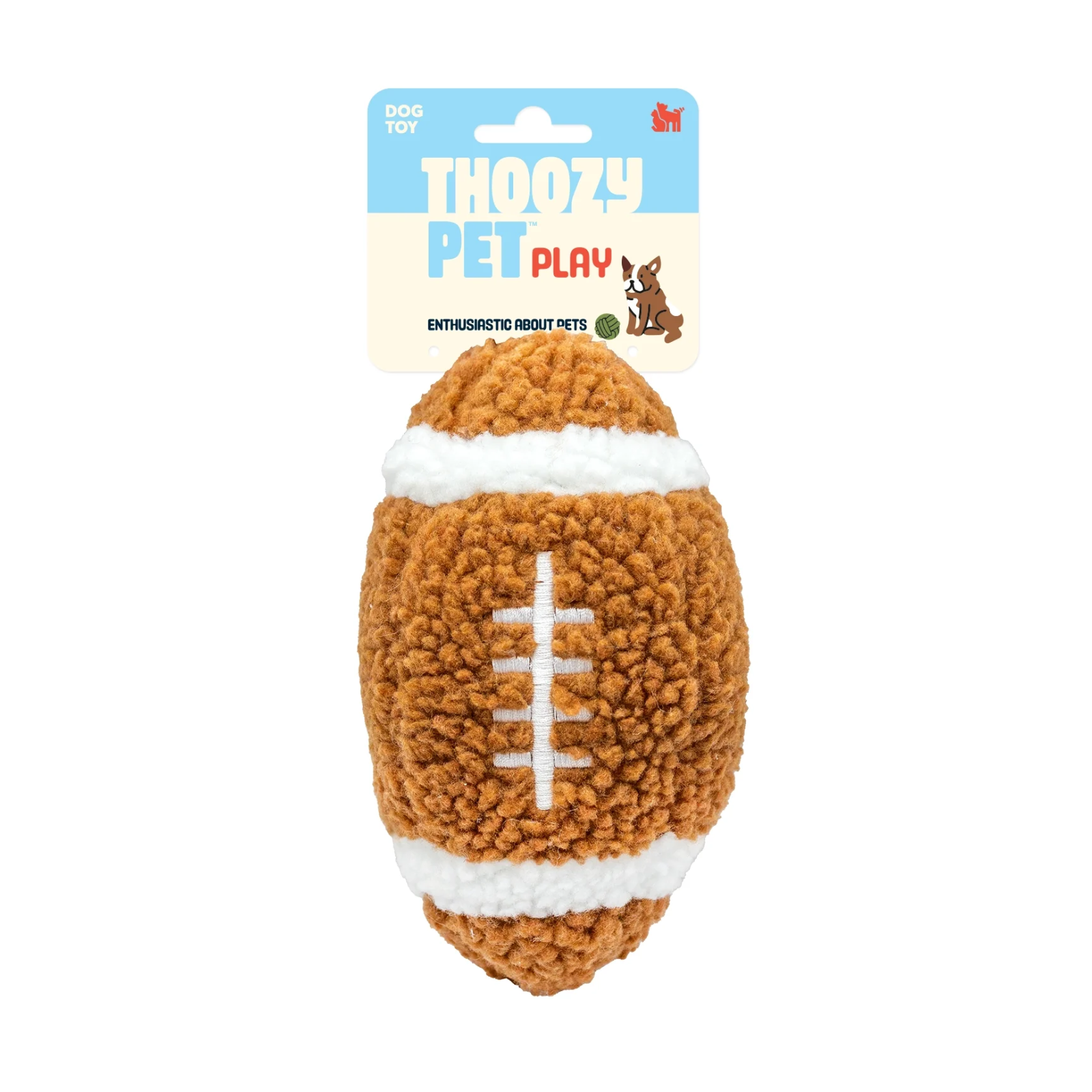 A plush football-shaped dog toy made of textured brown fleece with white stripes and white embroidered laces, photographed on a clean white background.