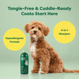 Dog with a bottle of earth rated shampoo on a green background, promoting hypoallergenic formula and 4-in-1 shampoo.