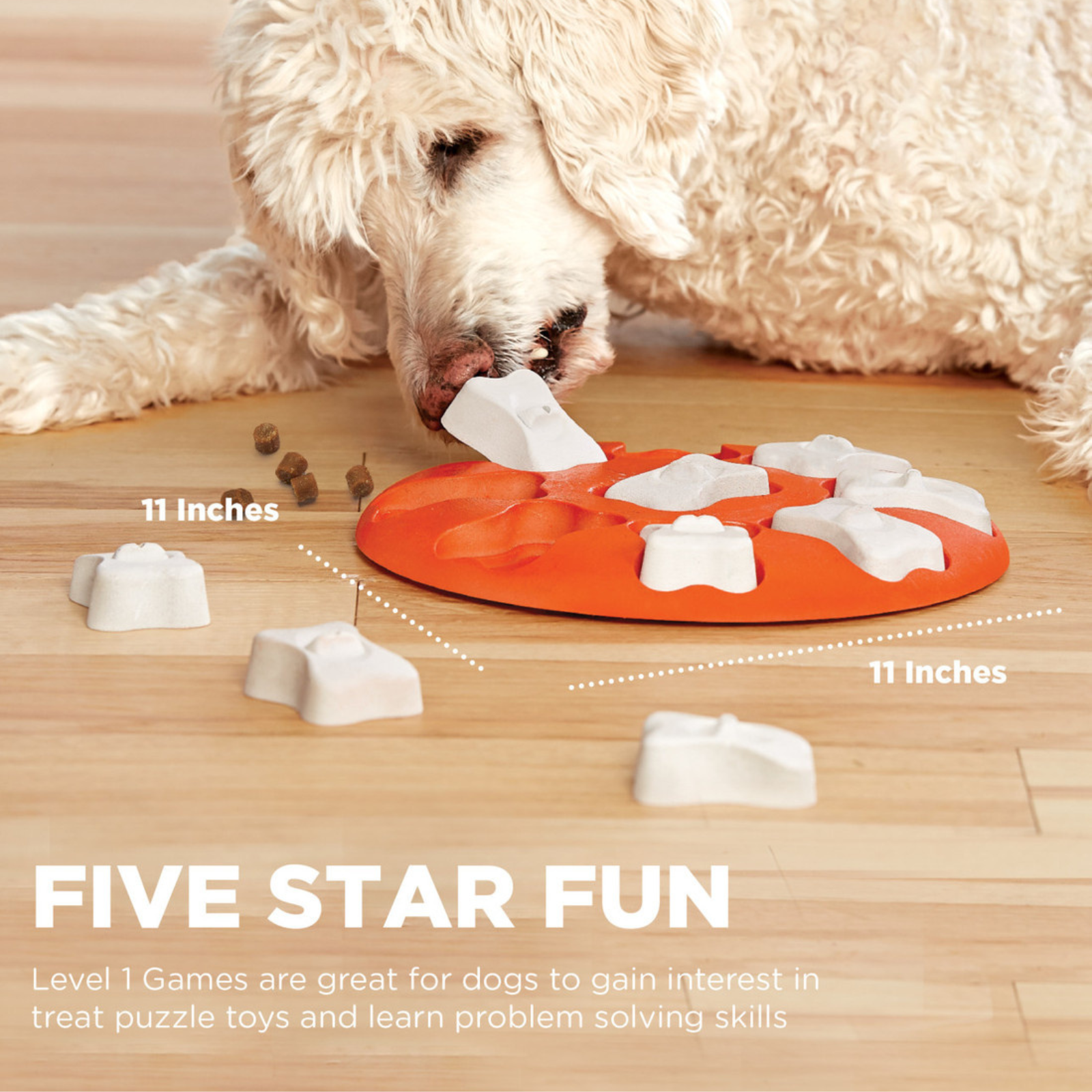 Dog playing with a treat puzzle toy on a wooden floor, with measurements and text about five-star fun.