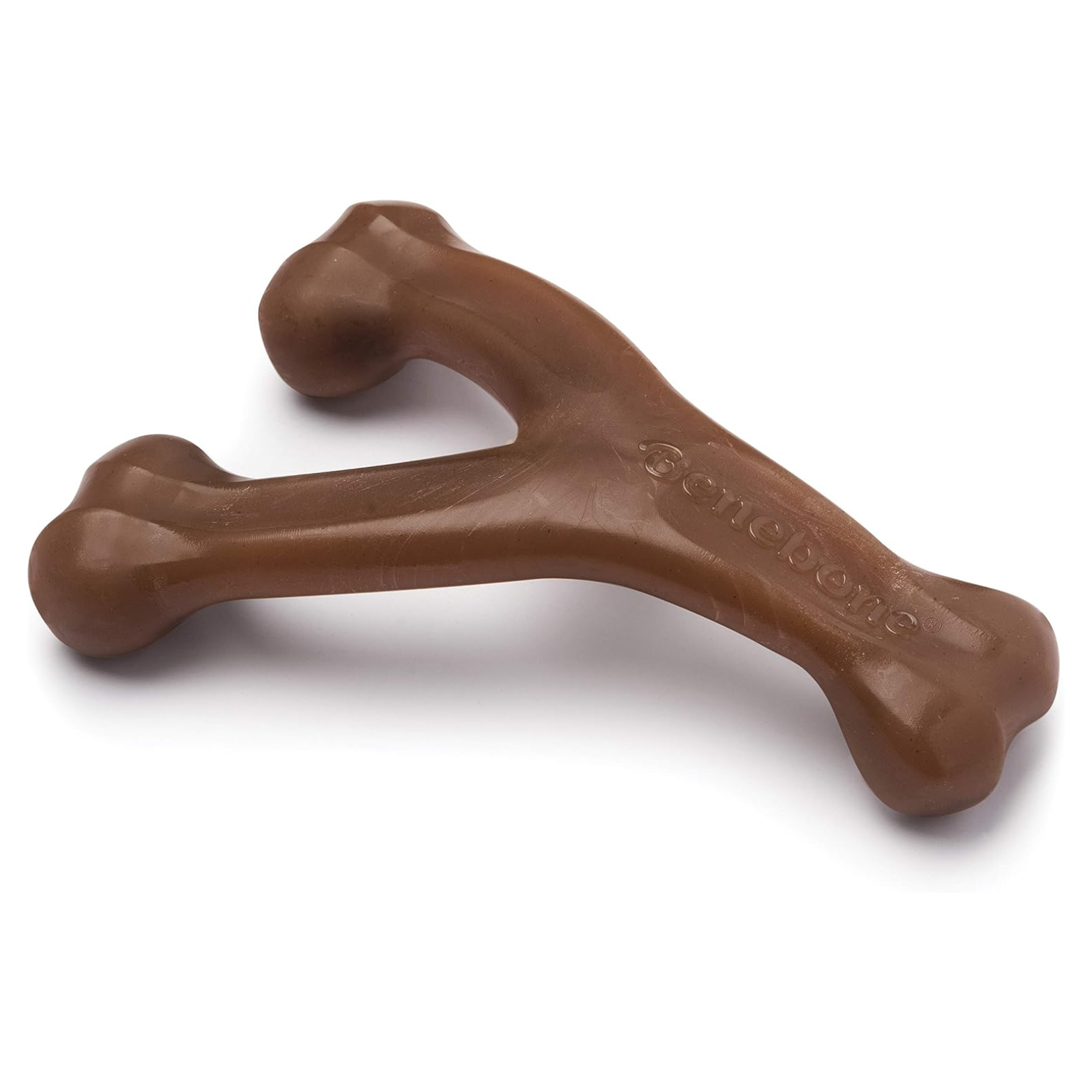 Brown bone-shaped dog toy on a white background