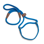 A blue braided rope dog leash with brown leather accents and brass hardware, shown on a clean white background.