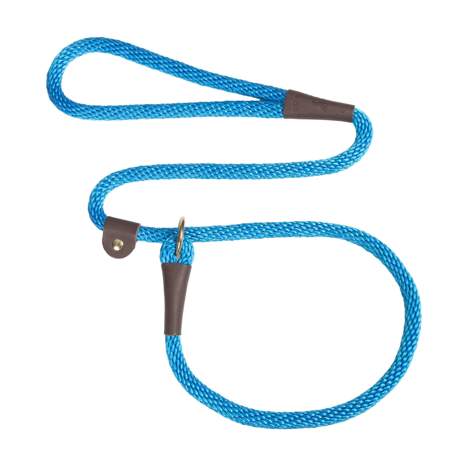 A blue braided rope dog leash with brown leather loop accents and a brass ring, shown on a plain white background.