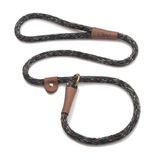 A braided rope dog leash with brown leather accents and a brass ring, shown on a clean white background.