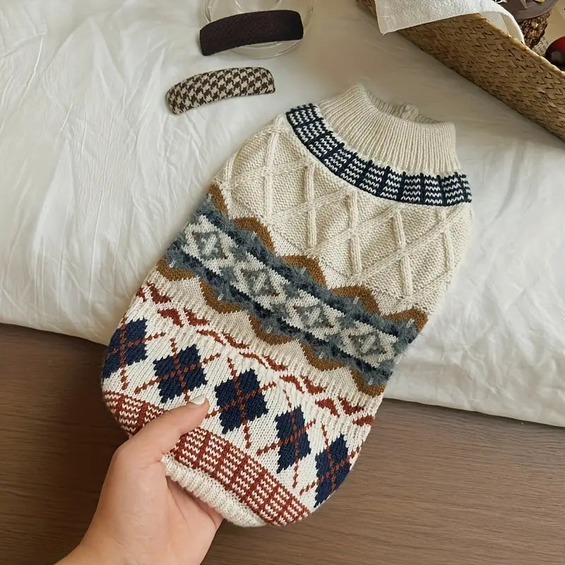 Hand holding a knitted dog sweater with a pattern on a wooden surface.