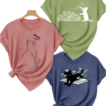 Three t-shirts with cat designs on a white background