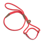 A red braided rope dog leash with brown leather accents and metal hardware, photographed on a clean white background.