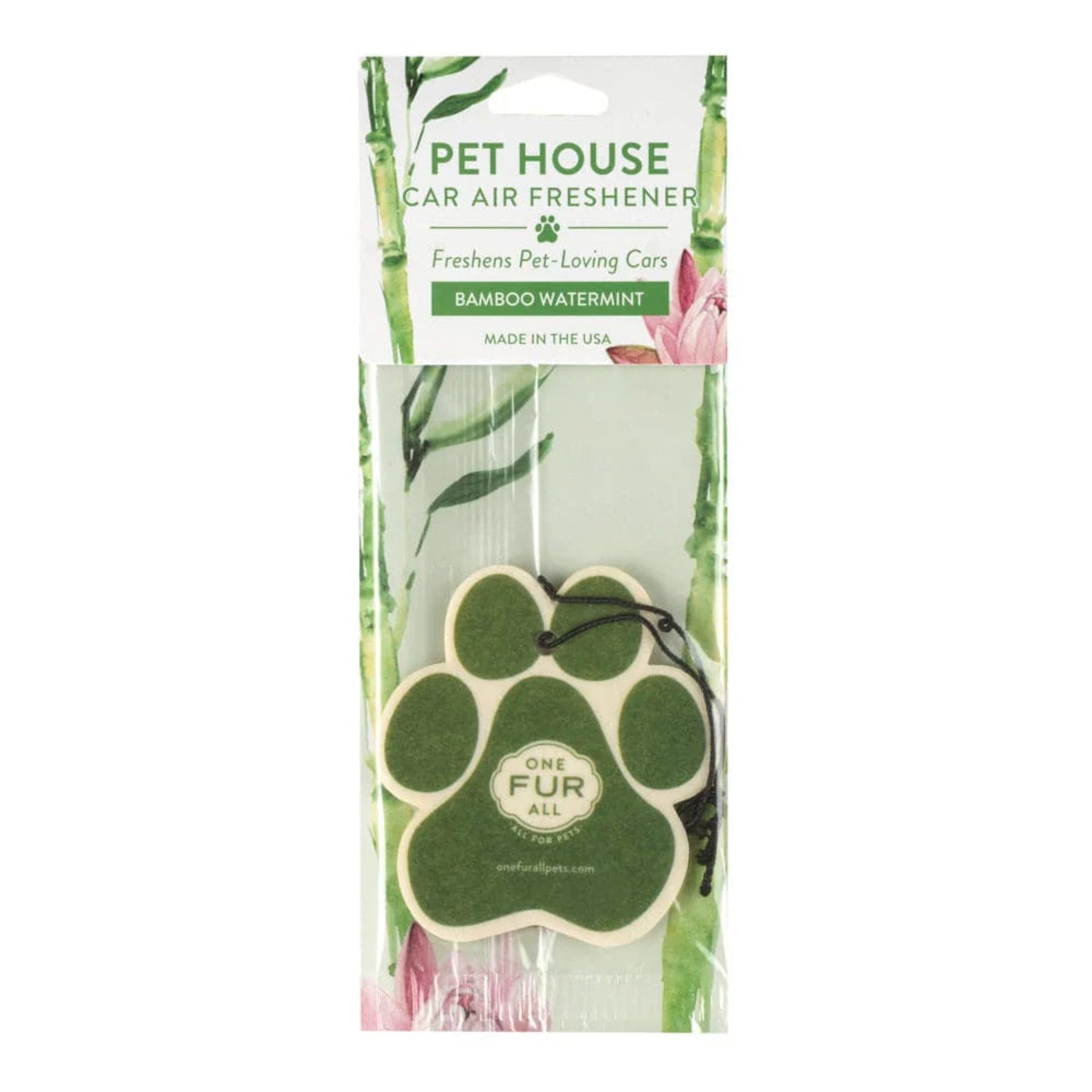 Green paw-shaped car air freshener with 'One Fur All' branding in a clear package on a white background.