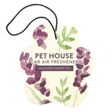 Pet House car air freshener with lavender and green tea scent on a white background