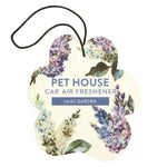 Pet House Lilac Garden car air freshener with floral design on a white background