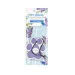 Pet House car air freshener packaging with purple paw design and lavender flowers on a white background
