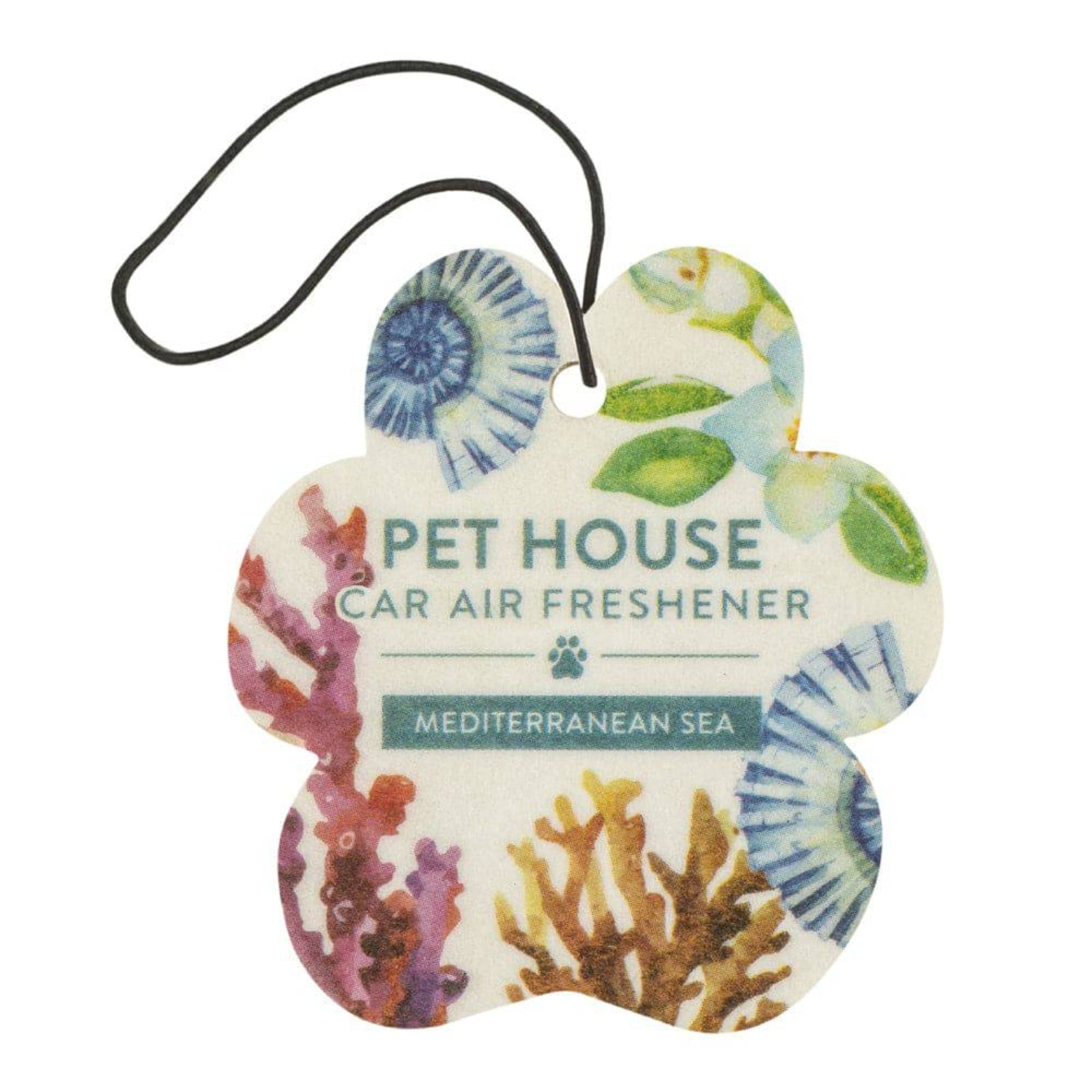 Pet House Mediterranean Sea car air freshener with coral design on a white background