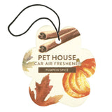 Pet House Pumpkin Spice car air freshener with cinnamon sticks and a pumpkin on a white background