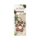 Pet House car air freshener packaging with paw design and evergreen forest theme.