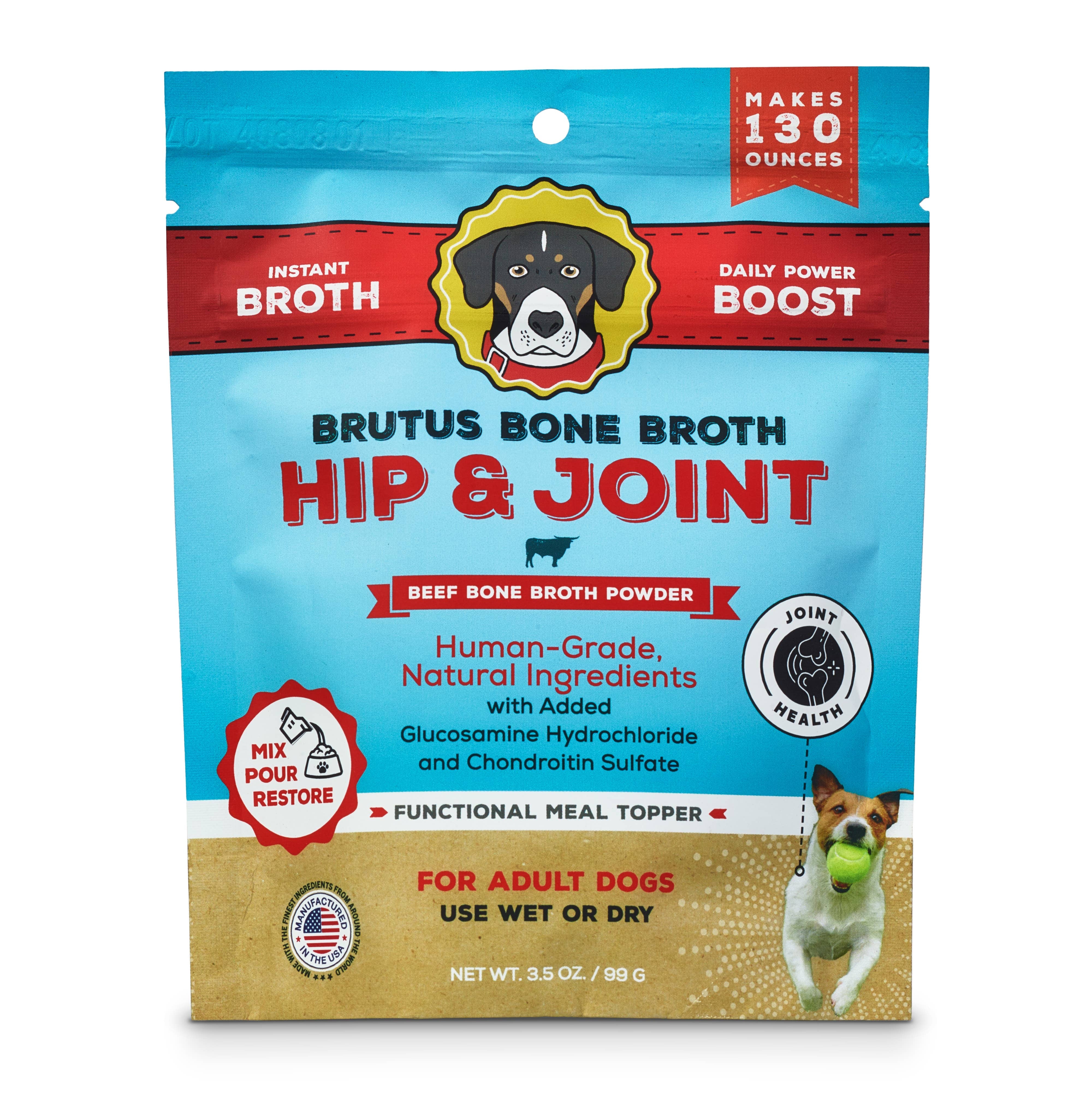 Brutus Bone Broth Hip & Joint supplement package for dogs on a white background