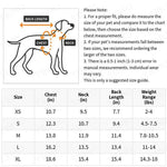 Dog size chart with measurements for chest, neck, back length, and weight range.