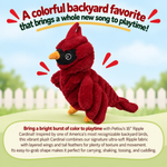 A plush red cardinal toy with layered wings and orange feet is centered on a soft outdoor-style background with a white picket fence and greenery. Large promotional text at the top reads, 'A colorful backyard favorite that brings a whole new song to playtime!' and a text box at the bottom describes the toy and its playful uses.
