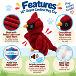 A red cardinal-shaped dog toy with embroidered facial details, shown on a colorful infographic background with feature callouts and text. The image highlights soft ripple fabric, padded face details, RipGuard durability, squeaker and crinkle paper inclusion, and thick filling.