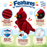 A red cardinal-shaped dog toy with embroidered facial details, shown on a colorful infographic background with feature callouts and text. The image highlights soft ripple fabric, padded face details, RipGuard durability, squeaker and crinkle paper inclusion, and thick filling.