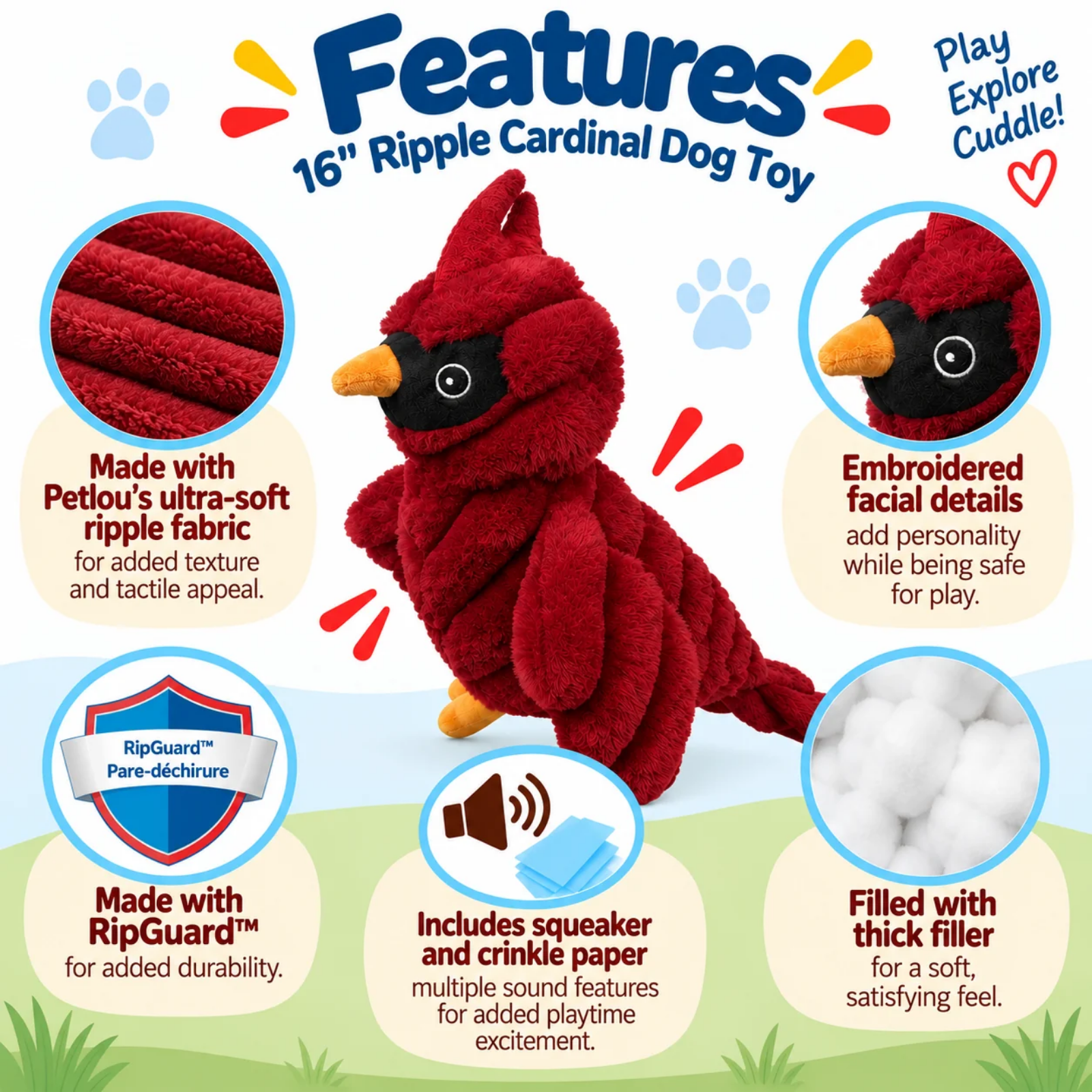 A red cardinal-shaped dog toy with embroidered facial details, shown on a colorful infographic background with feature callouts and text. The image highlights soft ripple fabric, padded face details, RipGuard durability, squeaker and crinkle paper inclusion, and thick filling.