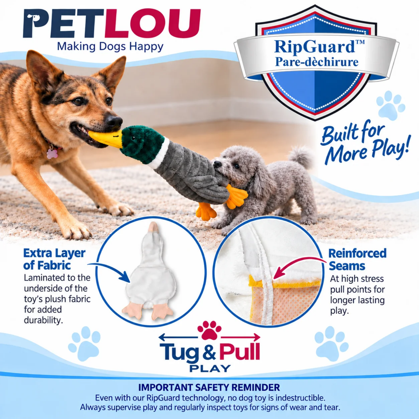 Promotional graphic for the PETLOU RipGuard Tug & Pull dog toy, showing two dogs playing with a duck-shaped plush tug toy. The graphic includes feature callouts about extra layer of fabric and reinforced seams, along with brand logos and safety information.