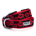 Dog collar with red floral pattern on a white background