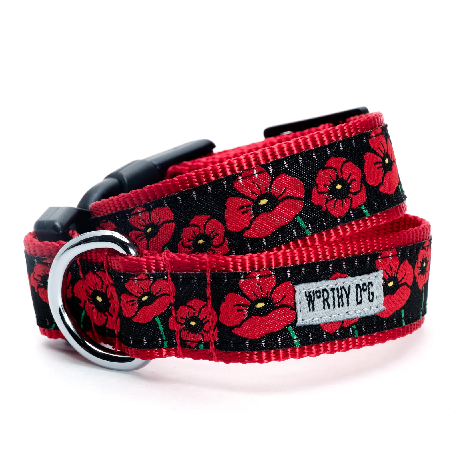 Dog collar with red floral pattern on a white background