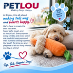 A gold curly haired dog rests on a carpeted floor, holding an orange plush carrot toy with a green leaf. The scene is overlaid with promotional text for PETLOU and decorative paw-print graphics, indicating a branded marketing image for a pet toy.